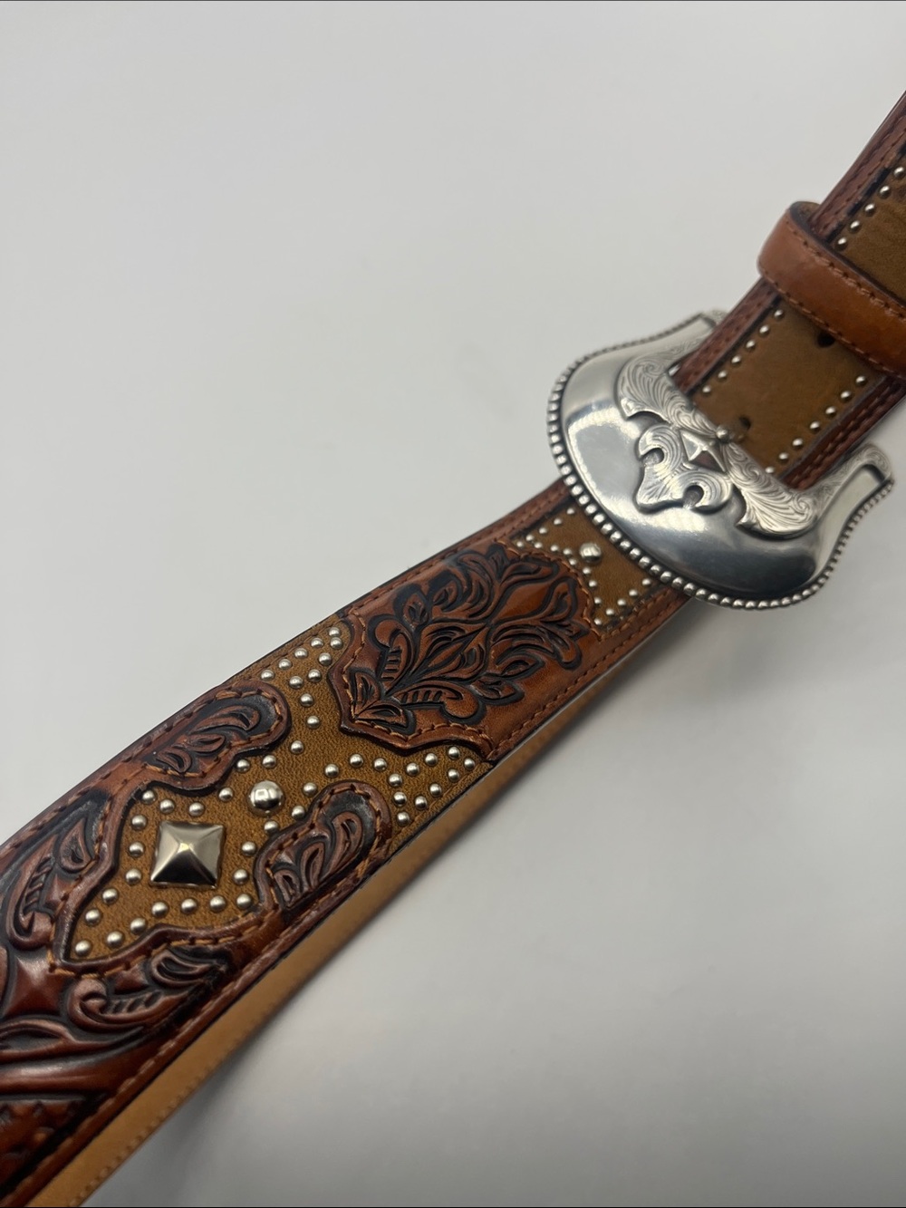 Western Embossed Brown Leather Belt with Silver Buckle